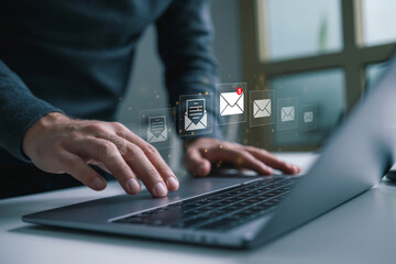 New email notification concept: business people using virtual screens for e-mail communication, digital marketing, and internet technology, featuring inbox message alerts and receiving electronics
