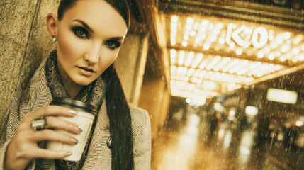 Young woman holding takeaway coffee cup in rainy city night with glowing marquee lights, moody urban portrait