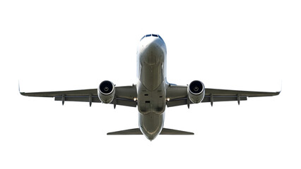 Fototapeta premium Commercial Passenger Airplane Flying Overhead Isolated on White Background