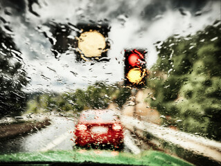 Rainy car windshield with blurred red taillight and traffic light glow, moody wet street scene with reflective puddle atmosphere