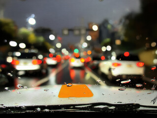 Rainy city traffic at dusk with blurred taillight bokeh and raindrops on windshield creating moody urban scene