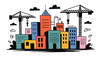 Construction Cityscape: An urban landscape flourishes with the rhythmic dance of construction, a dynamic tapestry of building structures, sky-high cranes, and the promise of metropolitan development.