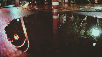 Rainy night street puddle reflecting lamppost and tree lights, moody urban scene with wet pavement and colorful reflections