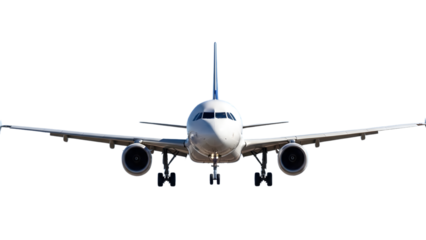 Front View of White Commercial Airplane Isolated on White Background