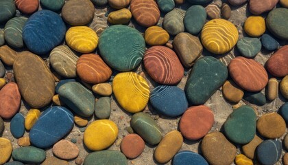 Colorful pebbles scattered on a sandy beach with varied textures and patterns.