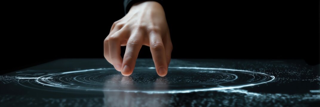 A close-up of a hand interacting with a high-tech interface, showcasing advanced technology and digital interaction concepts. - Powered by Adobe