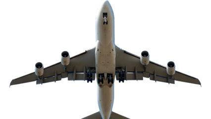 Bottom View of Large Commercial Airplane with Landing Gear Down on White Background