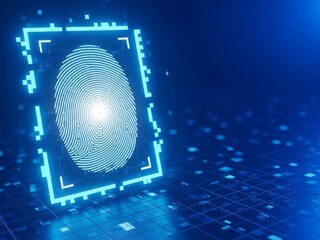 Digital biometric security scan of a glowing blue fingerprint with abstract futuristic data particles and grid lines on a dark technological background with technology