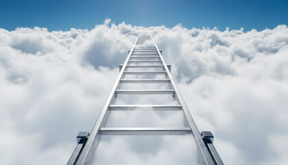 Silver ladder ascending through white clouds into blue sky