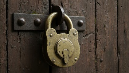 Old padlock hanging on a wooden door, secured with metal bracket and rivets.