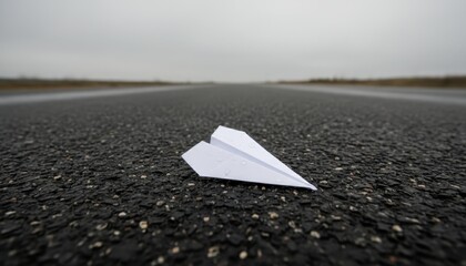 White paper airplane on a dark asphalt road under a cloudy sky