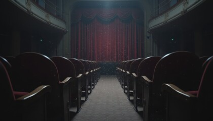 Empty theater seats facing a closed red curtain on stage