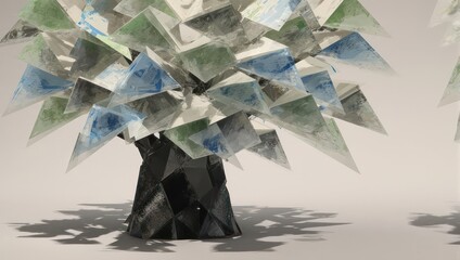 Abstract tree formed from various colored paper shapes, seemingly money bills