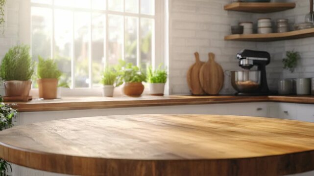 A sturdy wooden table with a rustic design in the center of a cozy kitchen, ideal for food preparation and serving.