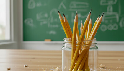 Yellow pencils in a jar on a wooden desk near a chalkboard