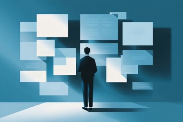 A person analyzing digital data displayed on virtual screens. The scene symbolizes innovation and modern technology in business.