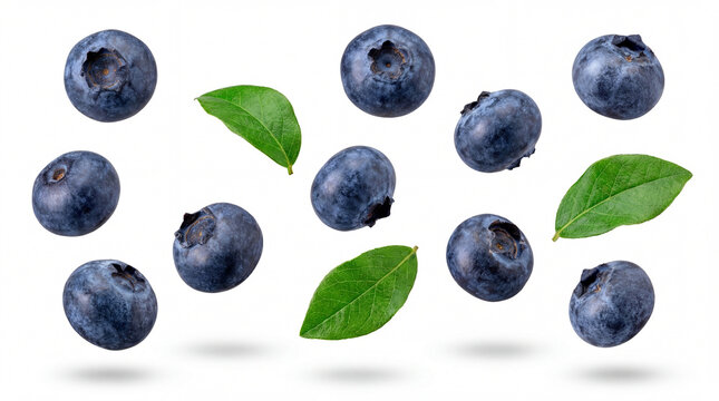 A vibrant collection of fresh blueberries with bright green leaves, artfully scattered and floating against a clean white background, perfect for healthy eating and summer themes.