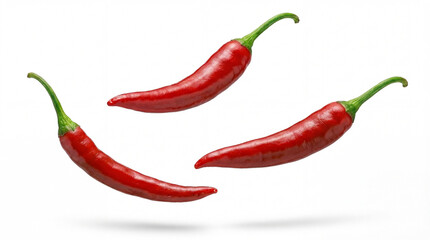Three vivid red chili peppers with bright green stems, artfully arranged and seemingly floating against a pure white background, symbolizing intense flavor.