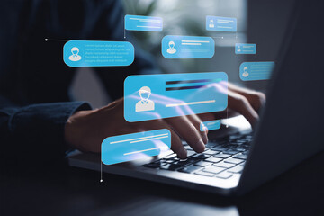 Person typing on a laptop keyboard, surrounded by floating blue digital chat bubbles and user profile icons, symbolizing online communication, social networking