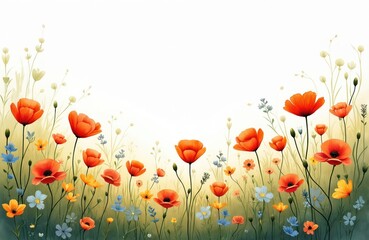 Fototapeta premium Poppy flowers field on white background. Colorful floral design with copy space. Minimalist summer field illustration with wild plants, grass. Gentle artistic floral meadow with spring blossom,