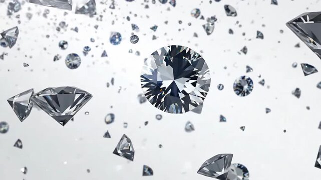 Brilliant diamonds falling and floating in the air, creating a mesmerizing and luxurious scene.