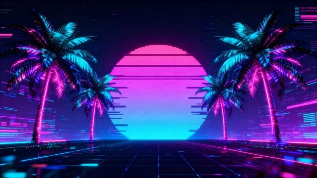 Neon palm trees and digital sunset - Powered by Adobe
