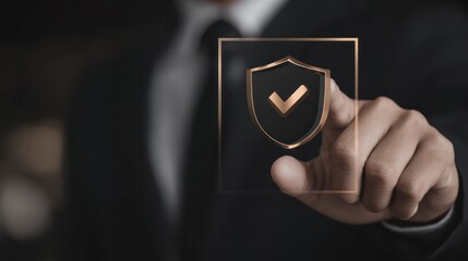 Businessman touching digital shield icon with checkmark representing cybersecurity approval and trusted protection system