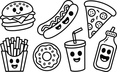 Black and white cartoon food and drink with faces burger