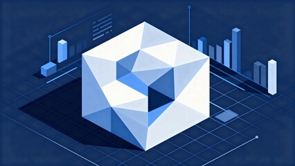 Abstract geometric cube with data charts