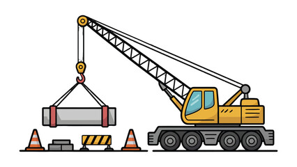 Construction Crane: Illustrative depiction of a construction crane lifting a rectangular structure, complete with safety cones and barriers on the ground, against a minimalist background.