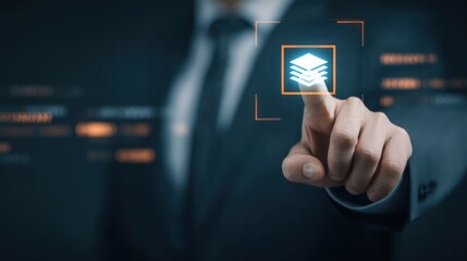 Businessman touching glowing icon with layered data symbol on futuristic interface representing digital transformation and enterprise software