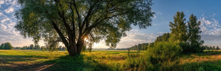 Large tree in golden field with blue sky and sunlight