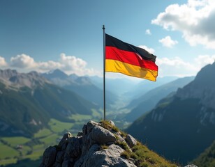 German flag waves atop mountain peak with scenic view. Valley lies below, distant ridges fade. Symbol represents pride, nationhood, resilience, unity. Bright sun illuminates colors on clear day above