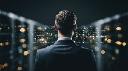 Back view of businessman facing illuminated digital interface in dark room representing data analysis and decision making in tech enterprise