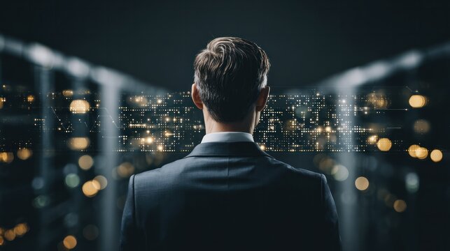 Back view of businessman facing illuminated digital interface in dark room representing data analysis and decision making in tech enterprise - Powered by Adobe
