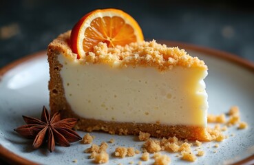 Slice of creamy cheesecake topped with orange and crumb topping sits on a plate with star anise. Dessert presented with citrus garnish and spiced accent.