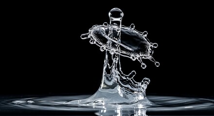 Water splash with droplet impact creating circular ripples on black background