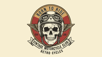 Skull wearing vintage motorcycle helmet with wings and text.