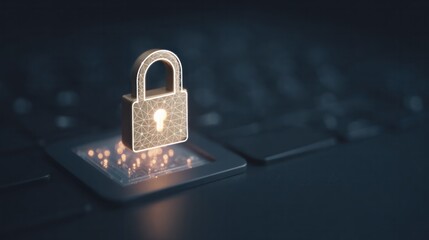 Glowing padlock icon hovering over keyboard key with digital sparks symbolizing secure encryption technology in cyber defense environment