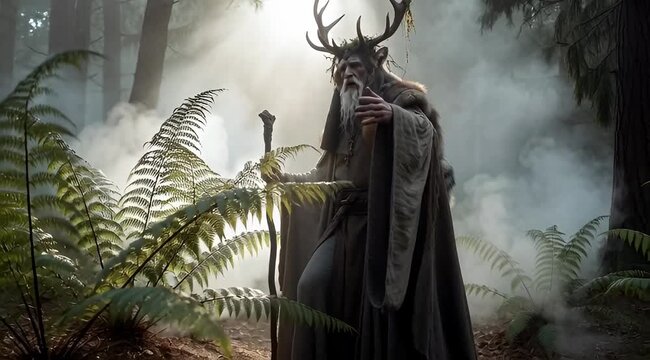 Mystical Ancient Shaman with Antlers Standing in Foggy Sunlit Enchanted Forest