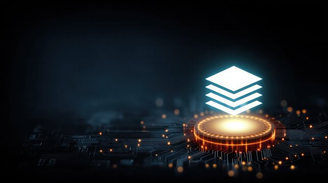 Layered stack icon glowing above digital microchip base on circuit board representing cloud infrastructure and data processing technology