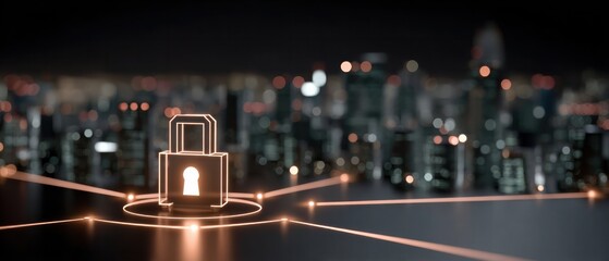 Glowing digital padlock icon connected by network lines over blurred night city skyline symbolizing urban cybersecurity infrastructure
