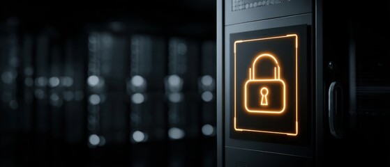 Orange glowing padlock icon displayed on server tower in dark data center representing cybersecurity and information protection system