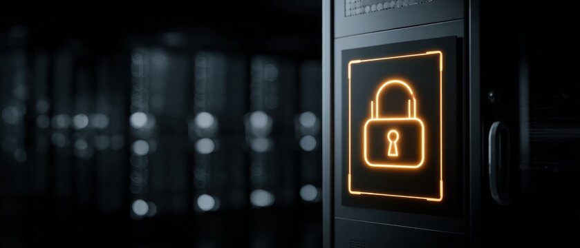 Orange glowing padlock icon displayed on server tower in dark data center representing cybersecurity and information protection system - Powered by Adobe