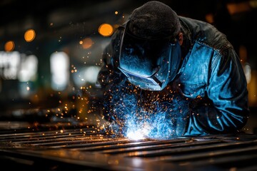 Skilled worker welds metal, showering bright sparks and blue light. Perfect for showcasing industrial work, craftsmanship, or manufacturing.