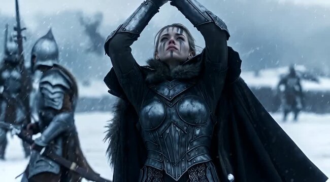 Cinematic Female Knight in Plate Armor Holding Sword on Winter Battlefield