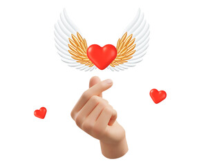 3d emoji, hand gesture love with red heart and golden wings. Korean finger heart icon. Stock vector illustration on isolated background.