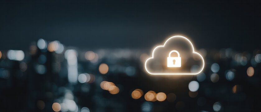 Glowing padlock inside cloud icon floating over blurred night city skyline symbolizing secure cloud computing and data protection - Powered by Adobe