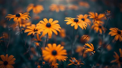 Yellow wildflowers blooming in meadow with soft sunlight shallow depth of field and blurred background