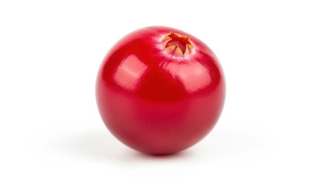 A single vibrant red cranberry with a glossy skin and a small calyx, isolated on a clean white background.
